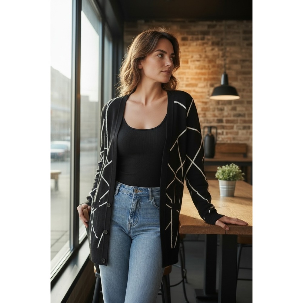 Karl Lagerfeld Women's Cardigan Sweater Black White Geometric Print Logo XS